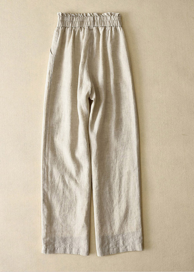 Black-texture High Waist Button Linen Straigh Pants Summer