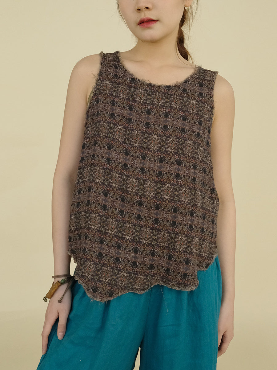 Retro Worn Irregular Hem Geometric Vest