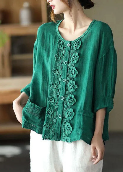 Green Retro O-neck Button Fall Shirt Tops Long Sleeve