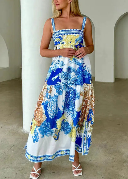 Blue Print Patchwork Cotton Spaghetti Strap Dress Summer