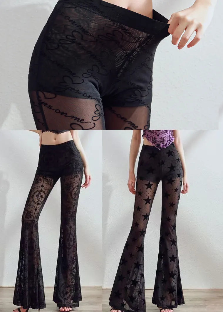 Style Black Tummy Control Print Tulle Sheer Flared Trousers Fall