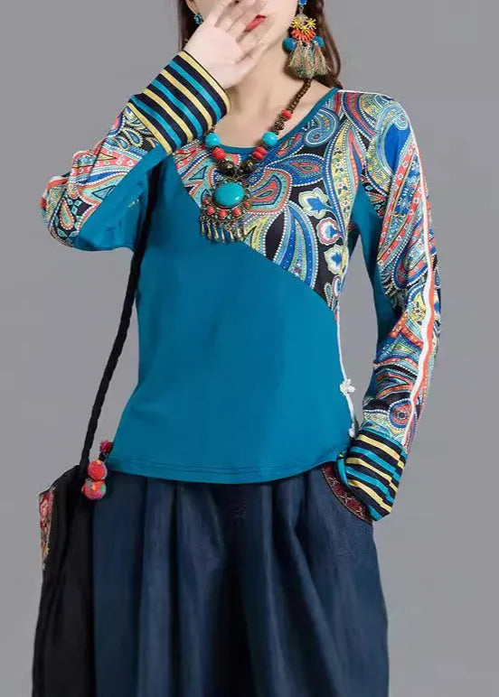 Blue O Neck Print Patchwork Cotton Tops Spring