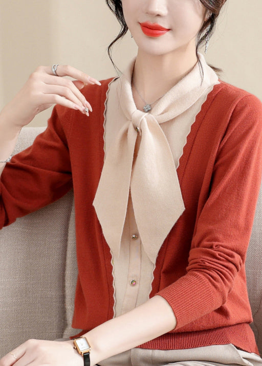 Orange Bow Patchwork Knit Sweaters Spring