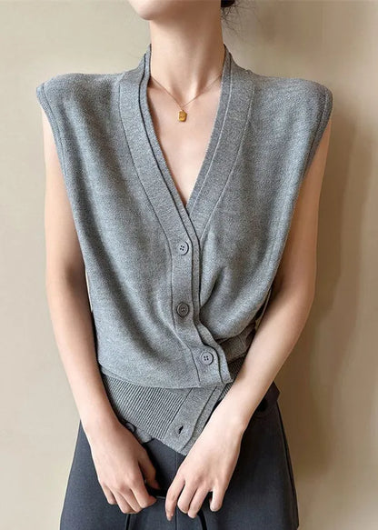 Grey V Neck Button Knit Vest Sleeveless