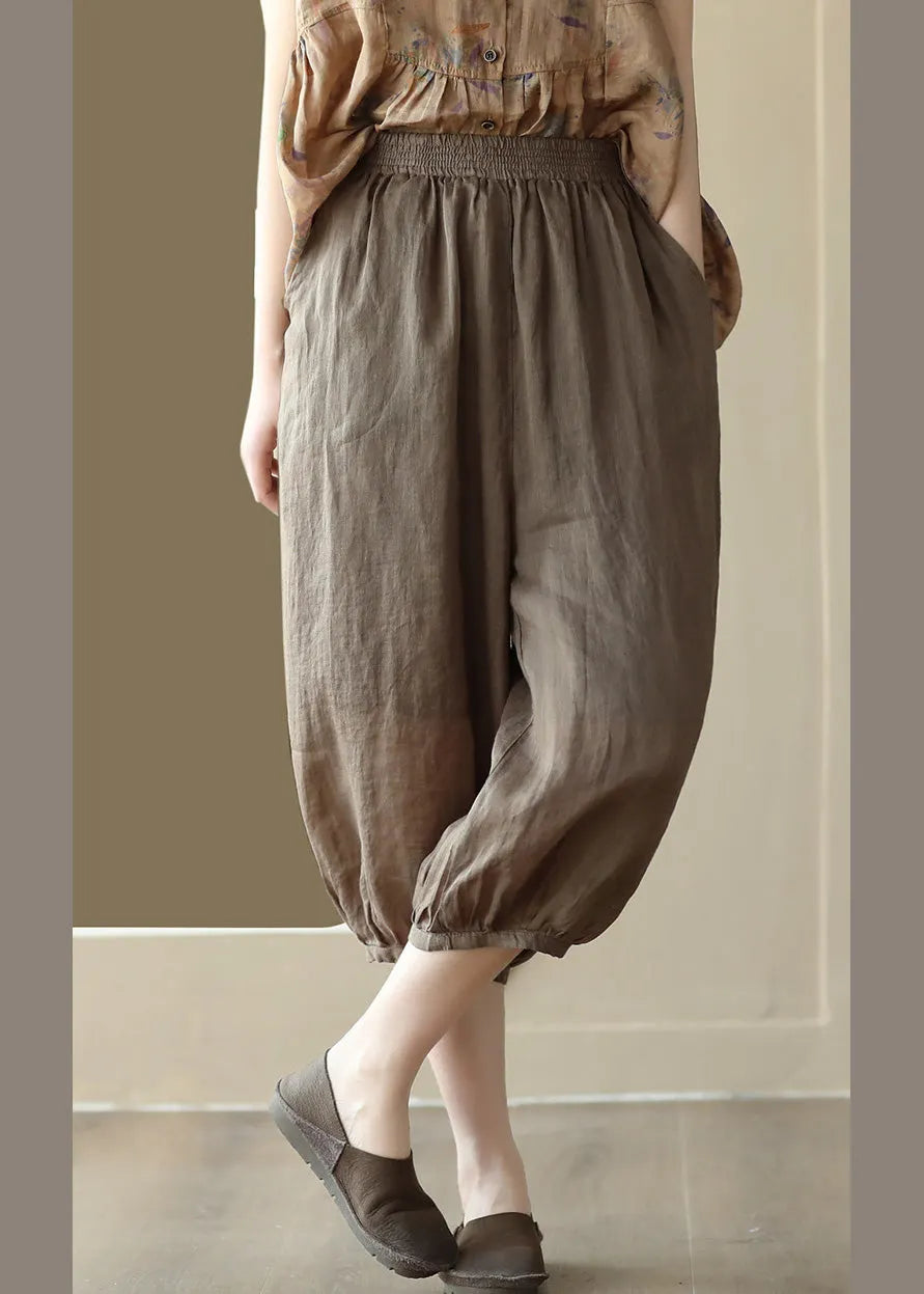 Coffee Elastic Waist Ramie Crop Pants