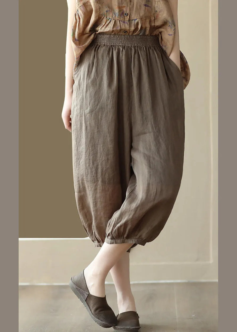 Coffee Elastic Waist Ramie Crop Pants