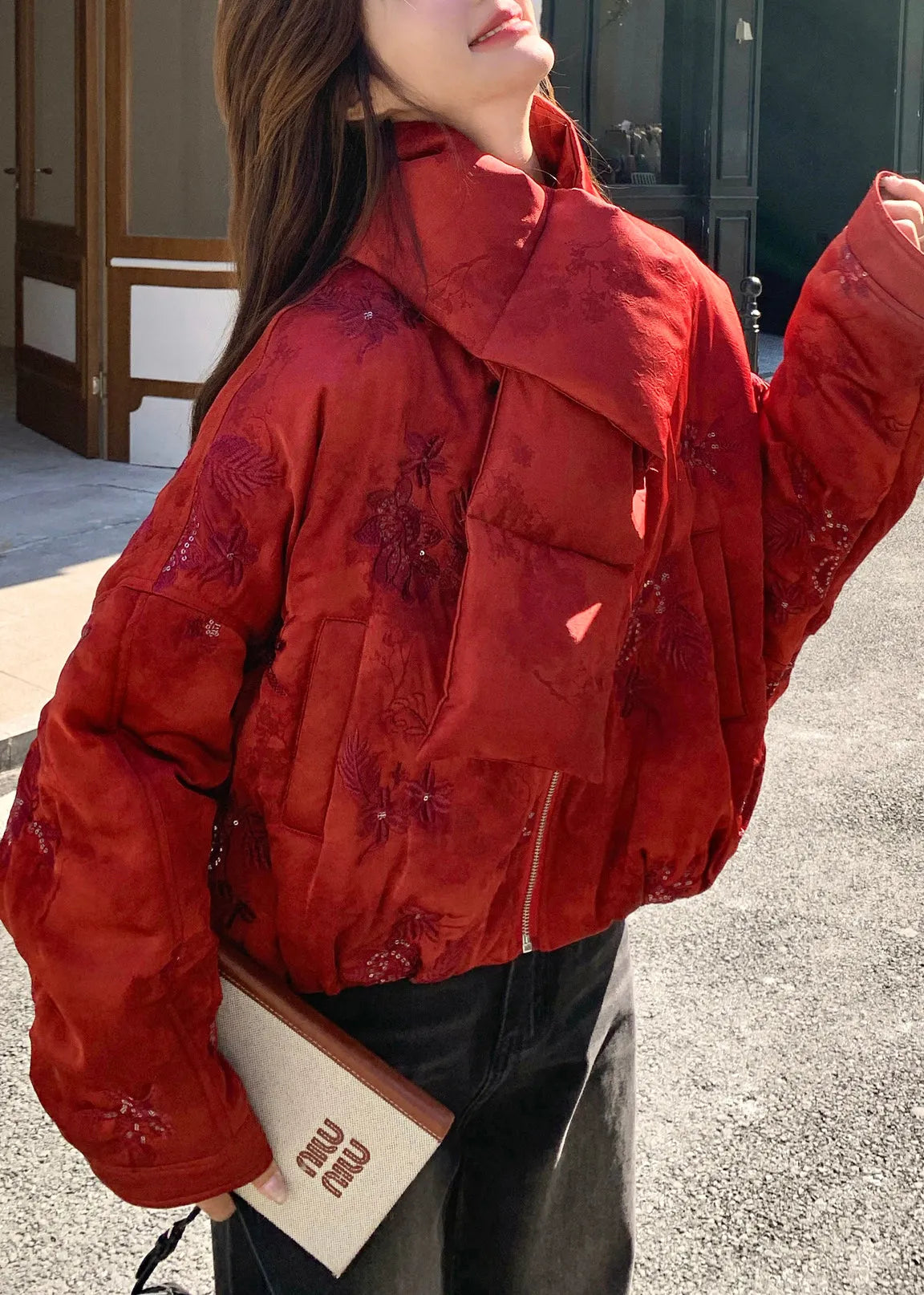 Stylish Red Embroidered Sequins Fine Cotton Filled Coats Winter