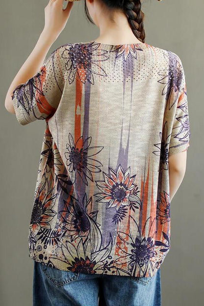 Hollow Out Knitted Print O Neck Short Sleeve T-shirt