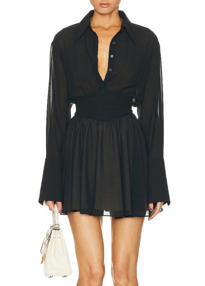 French Black Peter Pan Collar Button Chiffon Shirts Dress Spring