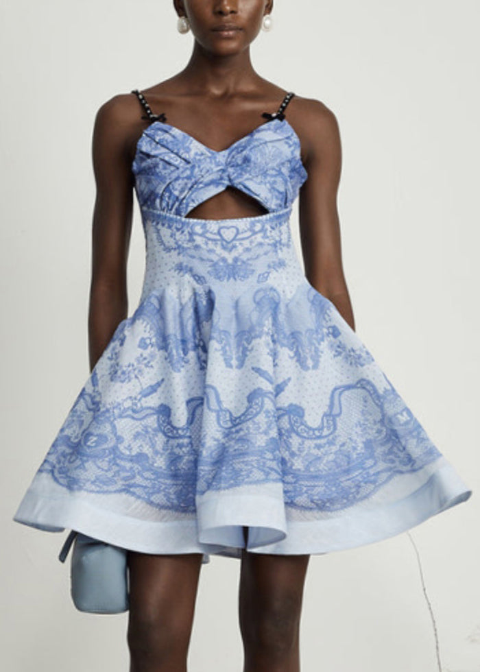 Blue Print Hollow Out Cotton Spaghetti Strap Dress Sleeveless