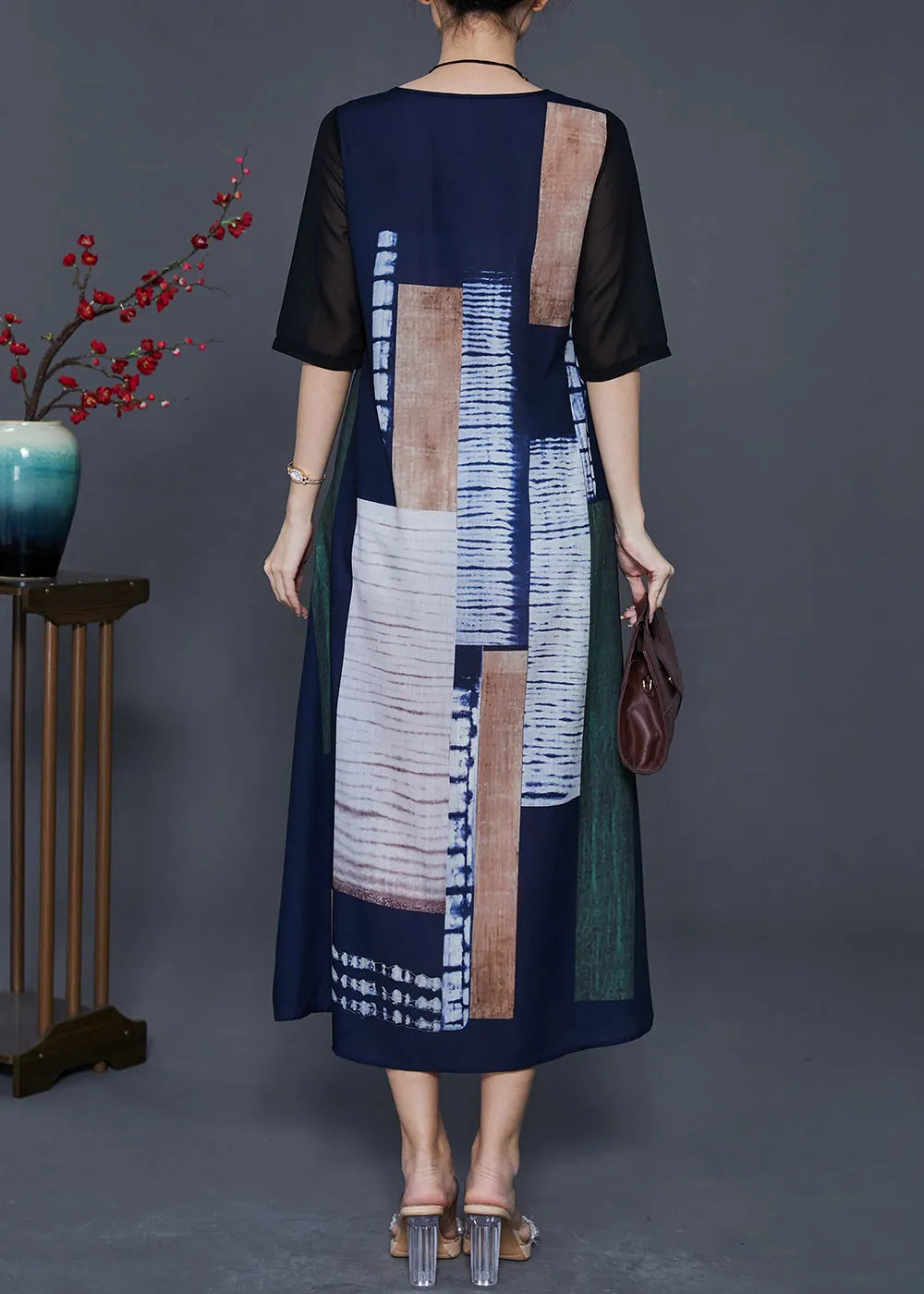 Italian Navy V Neck Print Linen Robe Dresses Summer