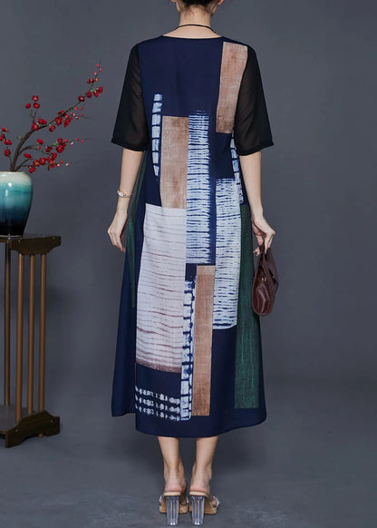 Italian Navy V Neck Print Linen Robe Dresses Summer