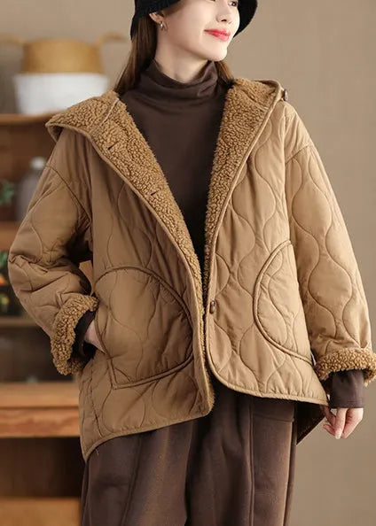 Khaki Oversized Fleece Wool Lined Hooded Jacket Spring