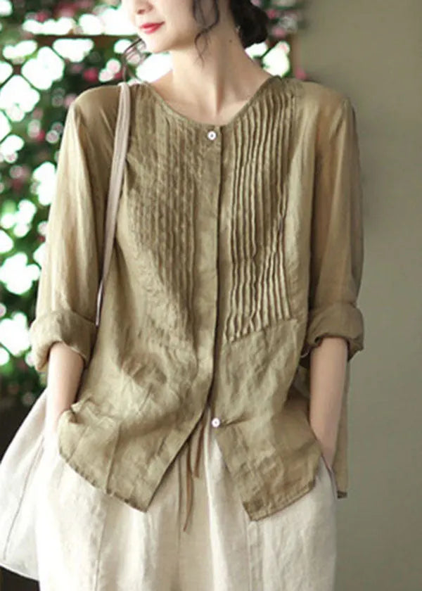 Bean Green O-neck Button Linen Shirts Long Sleeve