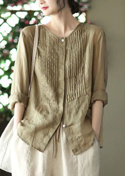 Bean Green O-neck Button Linen Shirts Long Sleeve