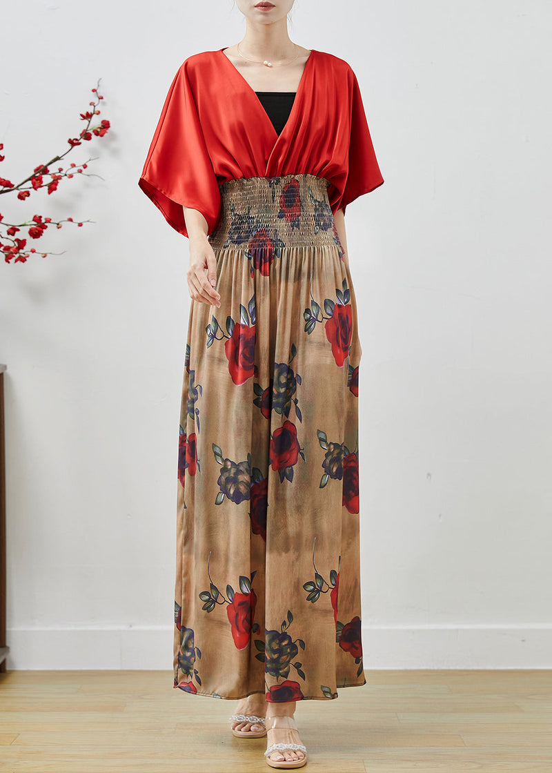Red Elastic Waist Patchwork Chiffon Dress Summer