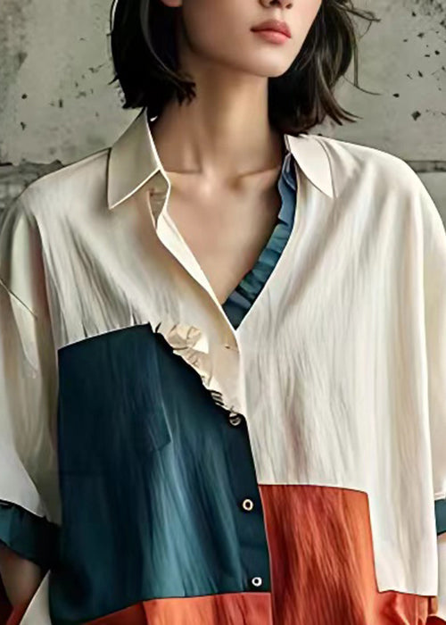 Beige Peter Pan Collar Button Cotton Shirts Butterfly Sleeve