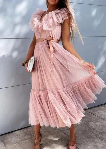French White V Neck Ruffled Patchwork Tulle Dress Summer