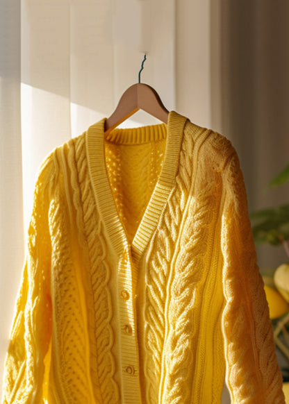 Yellow Hollow Out Button Knit Cardigans Fall