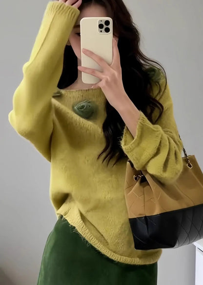 Fitted Yellow Slash Neck Decorated Knit Pullover Fall