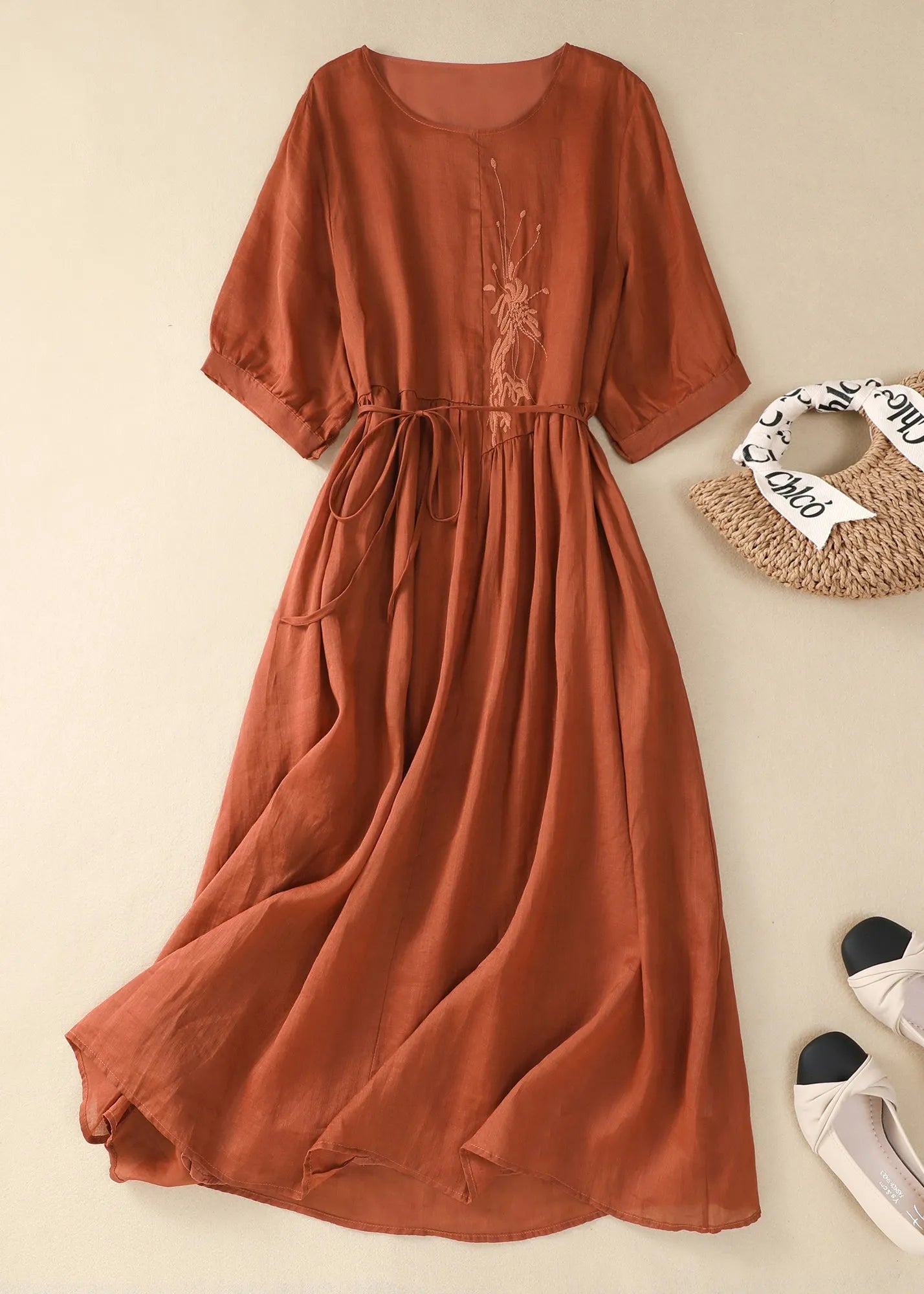 Chinese Style Green O-neck Embroidered Tie Waist Cotton Dresses Summer