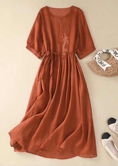 Chinese Style Green O-neck Embroidered Tie Waist Cotton Dresses Summer