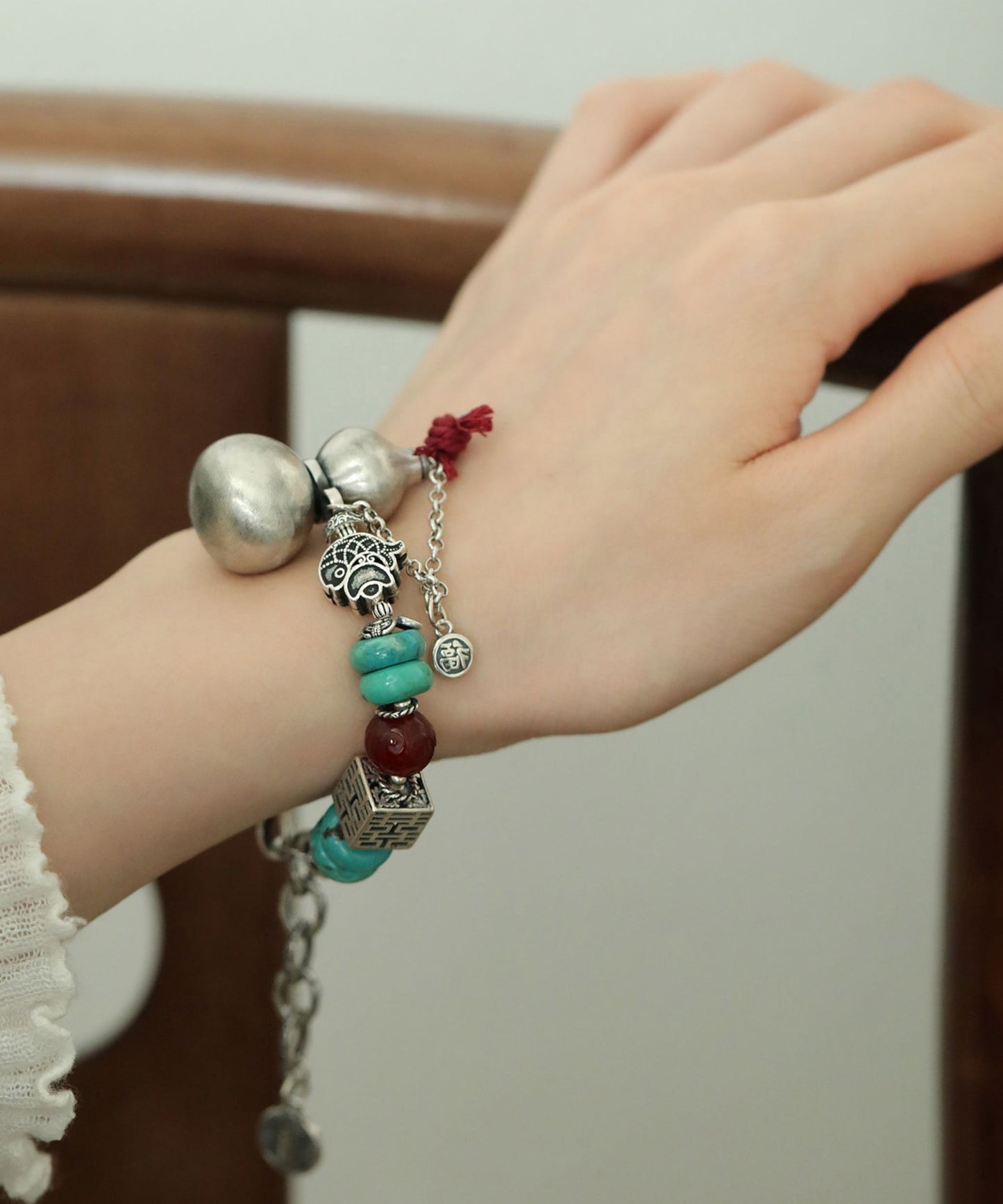 Silk Sterling Silver Calabash Turquoise Charm Bracelet