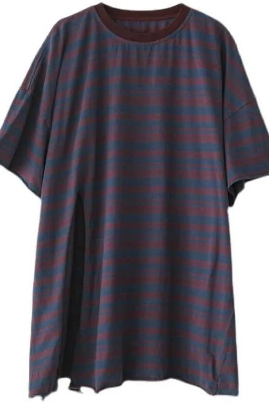 Cotton Stripes Split Hem O Neck T-shirt
