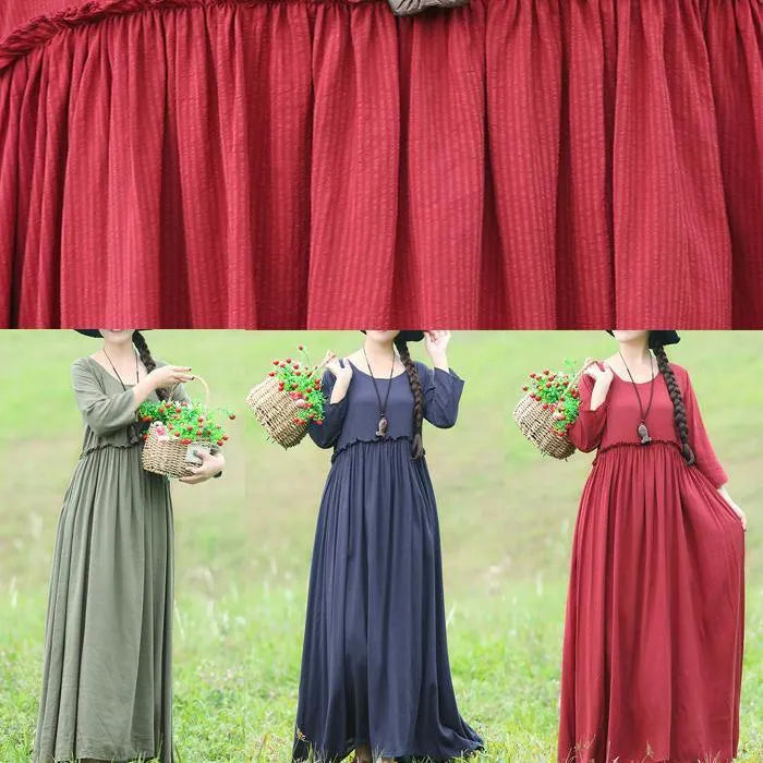 Modern Ruffles Waist Cotton Linen Clothes for Fabrics Blue Maxi Dress