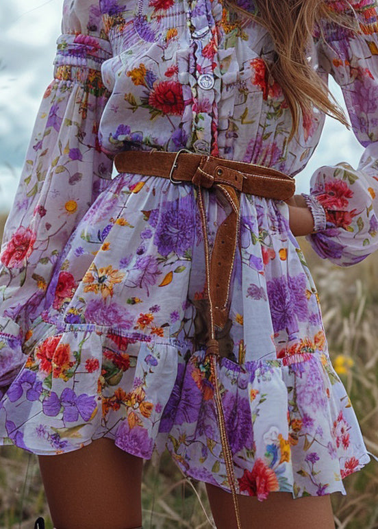 Pastoral Style Ruffled Patchwork Mini Dress Long Sleeved