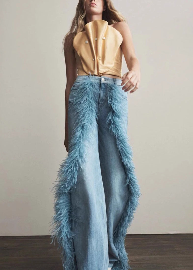 Italian Blue Tasseled Pockets Patchwork Denim Pants Fall