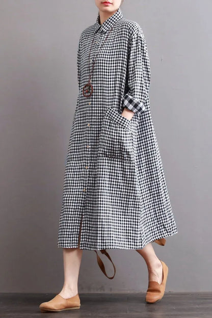 Linen Plaid Loose Dress Long for