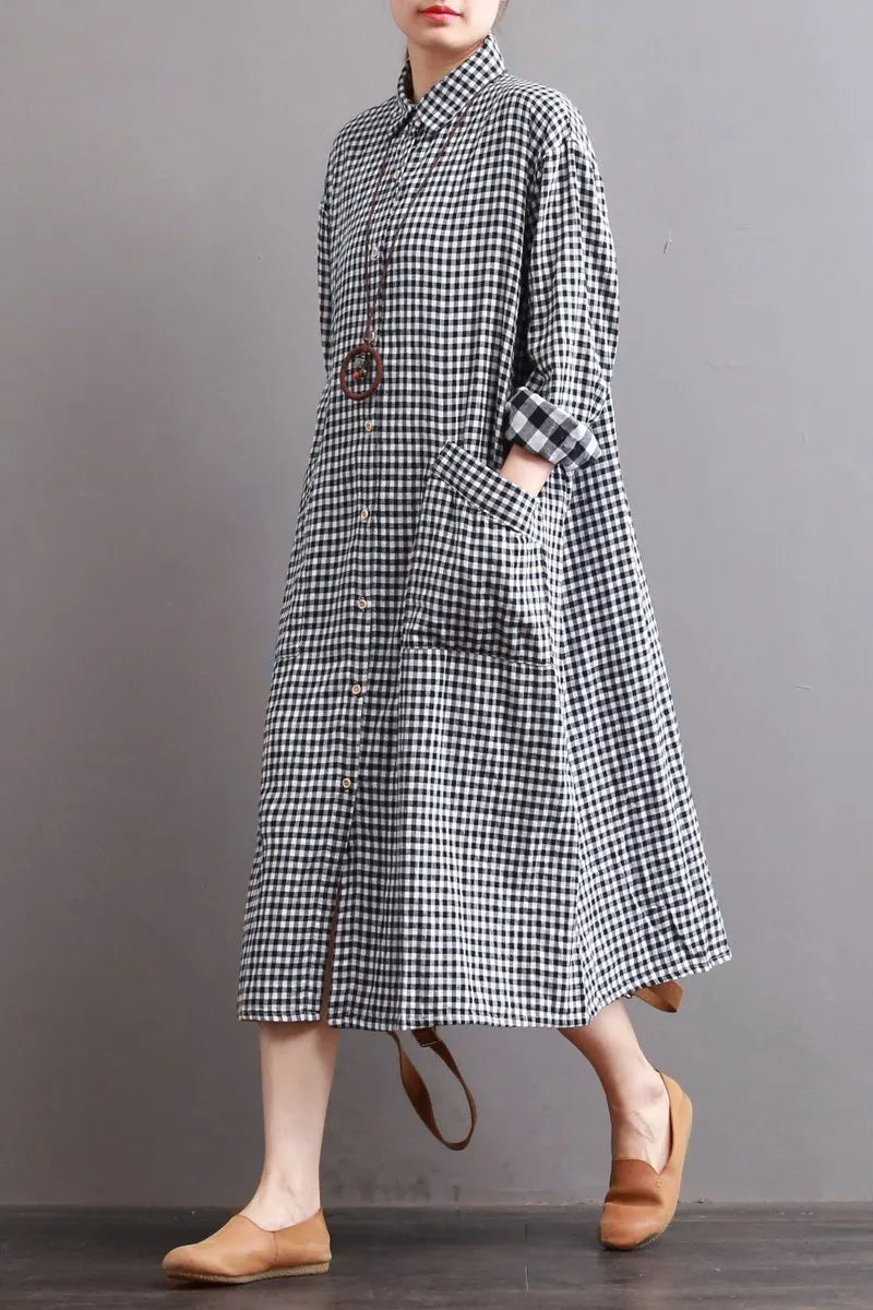 Linen Plaid Loose Dress Long for