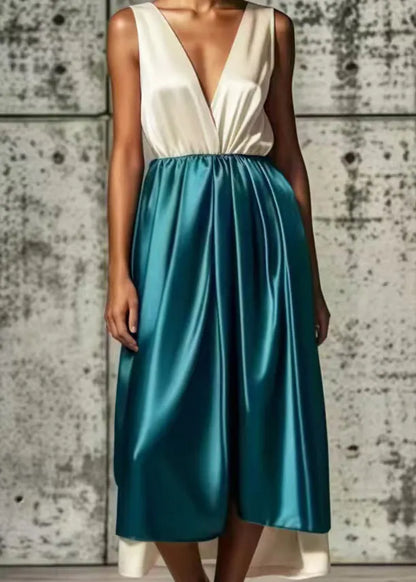 Style White Deep-v Neck Patchwork Silk Maxi Dresses Summer