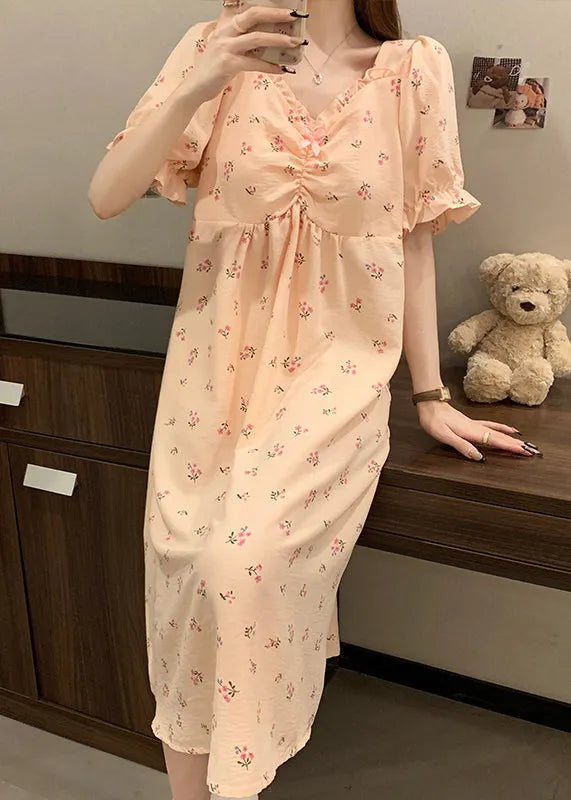 Pink V Neck Wrinkled Print Cotton Pajamas Long Dress Summer