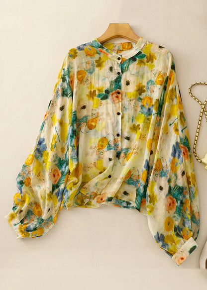 Yellow Button Print Linen Shirt Lantern Sleeve