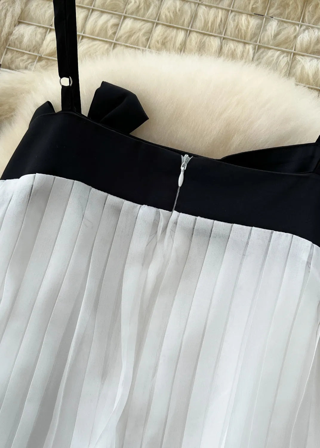 White Bow Patchwork Chiffon Pleated Cami Dress Summer
