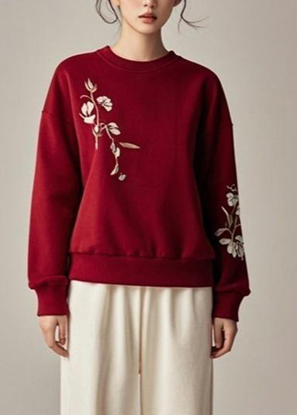 Red Patchwork Print Fall Sweatshirts Top