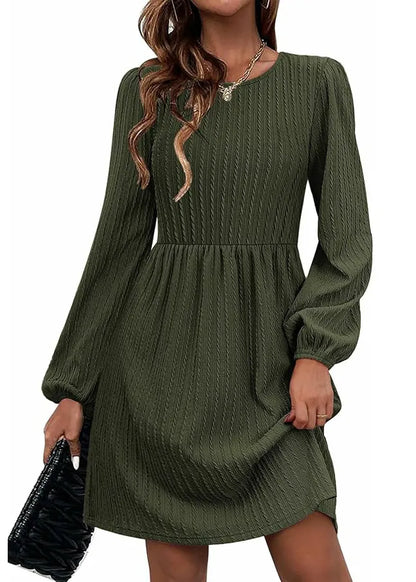 Style Black O Neck Pockets Cotton Mid Dresses Long Sleeve