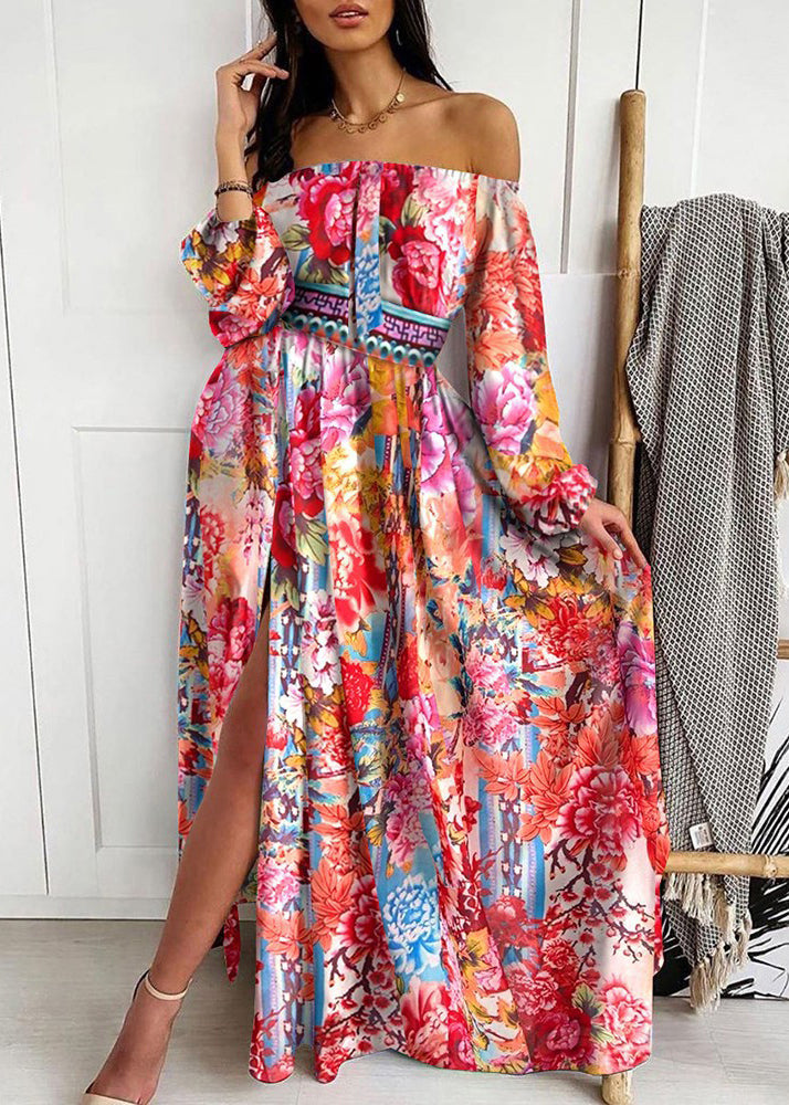 Red Slash Neck Print Side Open Cotton Dress Long Sleeve