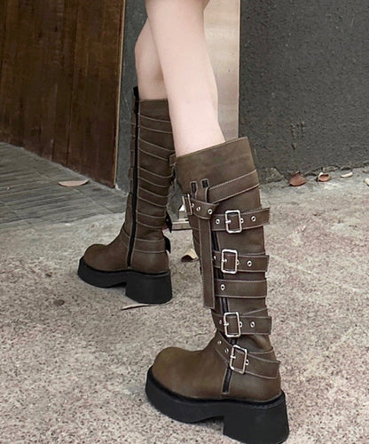 Army Green Buckle Strap Faux Leather Splicing Platform High Heel Boots