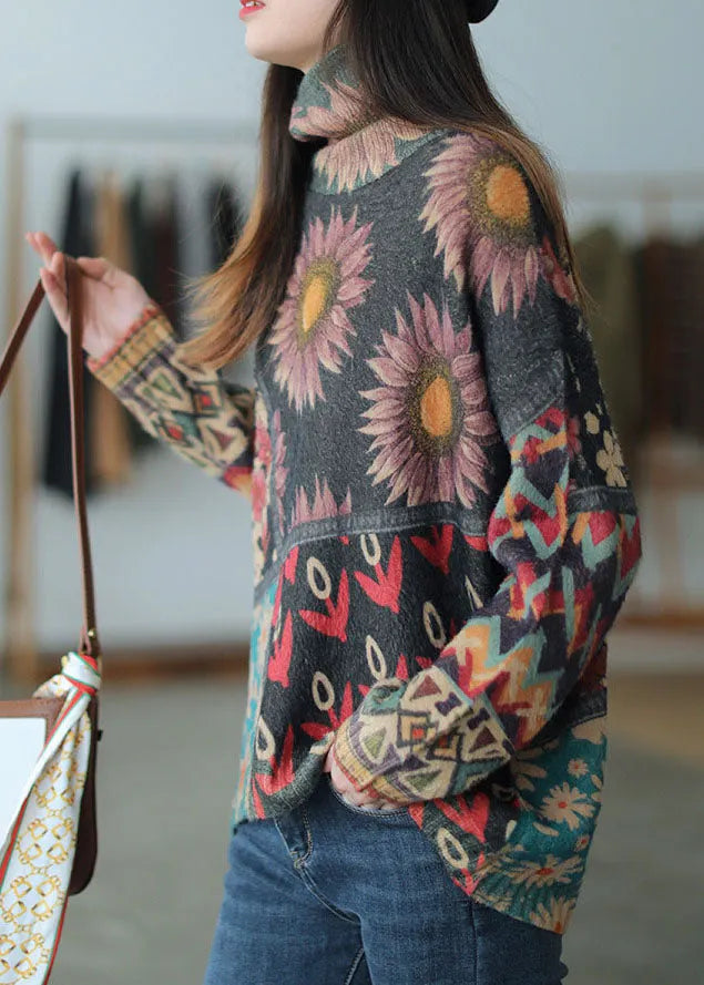 Turtle Neck Print Mink Hair Knitted Sweater Tops Winter
