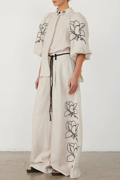 Print Flowers Pocket Frenulum Turndown Collar Half Sleeve Two Pieces
