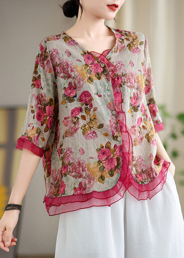 Stylish Red Patchwork Organza Linen Shirts Summer
