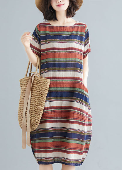 Italian Red Striped O-neck Cotton Maxi Dress Short Sleeve