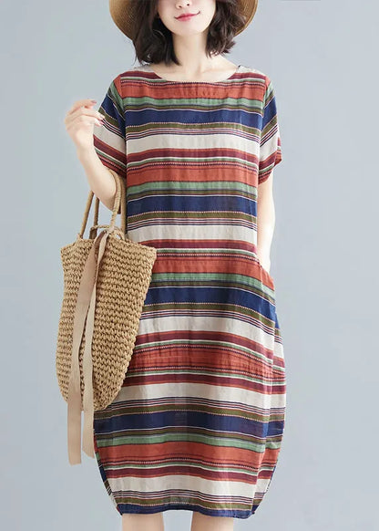 Italian Red Striped O-neck Cotton Maxi Dress Short Sleeve