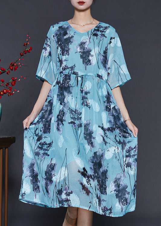 Blue Cinched Print Chiffon Long Dresses Summer