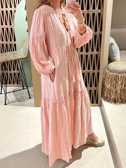 V-neck Puff Sleeve Cotton and Linen Dress