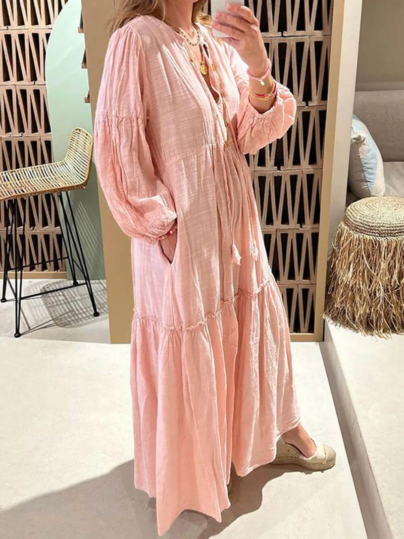 V-neck Puff Sleeve Cotton and Linen Dress