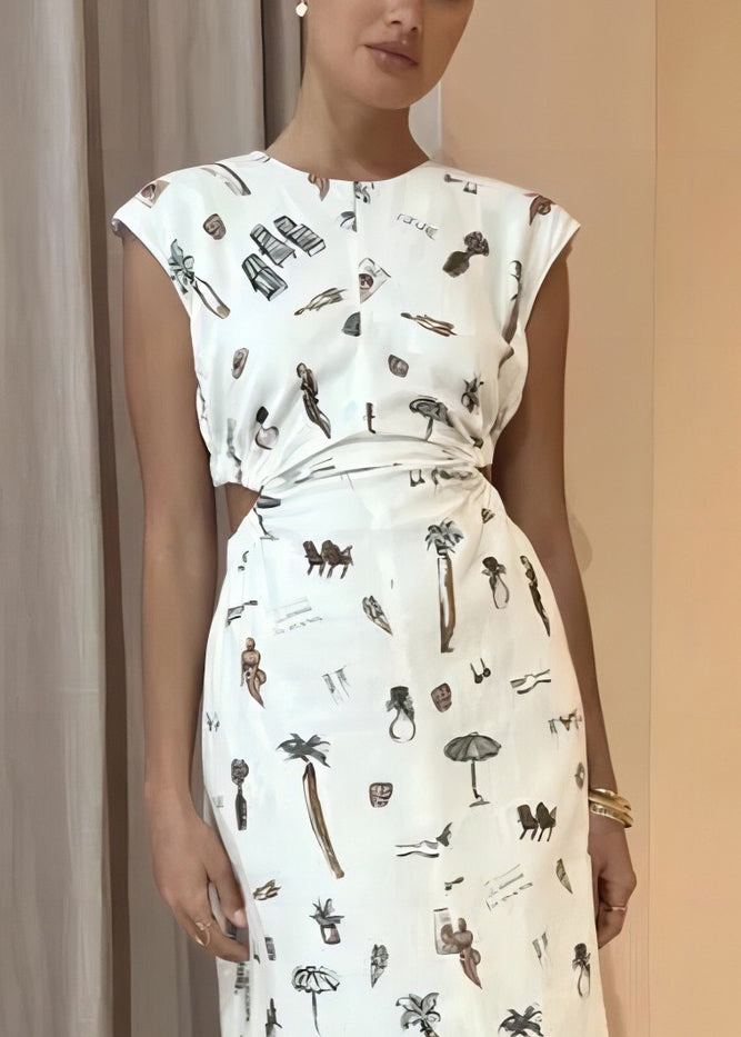 White O-neck Print Elastic Waist Linen Dress Sleeveless